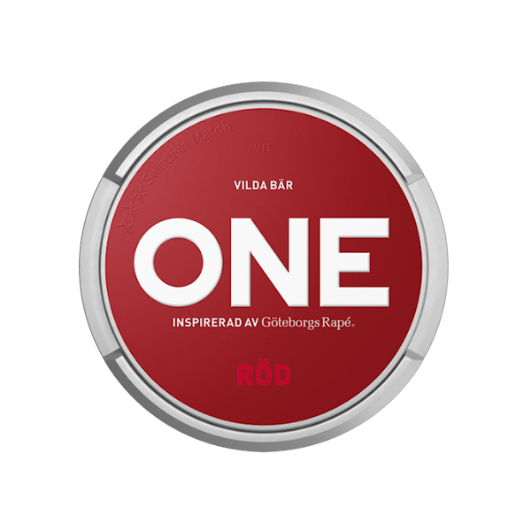 Röd WP - Runde rote Snus-Dose mit weißem ONE-Logo und Text „Vilda Bär“ in schlichtem Design.