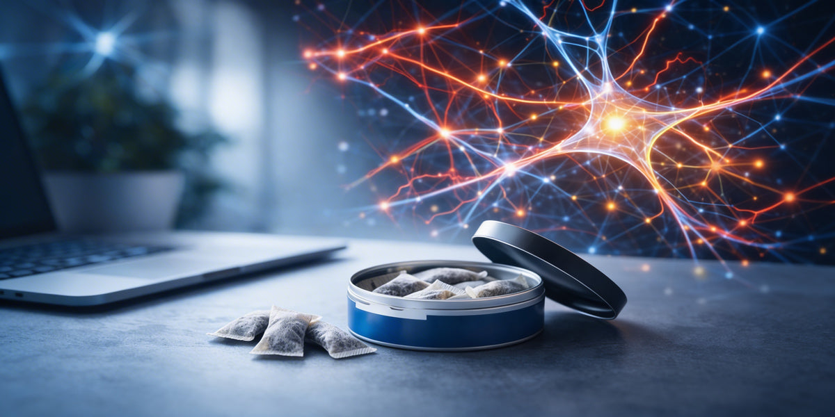 Geöffnete Snus-Dose mit Nikotinbeuteln im Vordergrund, dahinter stilisierte neuronale Vernetzung mit roten Stressimpulsen als Darstellung der Wirkung auf das Nervensystem.