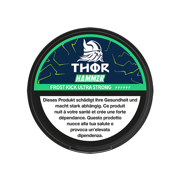 Frost Kick Hammer AW - Runde schwarze Dose mit grünem und weißem THOR-Logo, Beschriftung „Frost Kick Ultra Strong“ und Warnhinweis in mehreren.