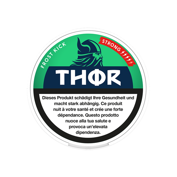 Frost Kick X-Strong AW - Runde Snus-Dose Frost Kick X-Strong AW mit grünem und blauem Design, Wikinger-Logo und Warnhinweis.